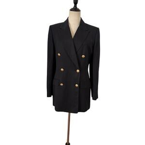 Vtg 80s Liz Claiborne Blazer Double Breasted Gold Button Linen Blend Sz 8 Black‎